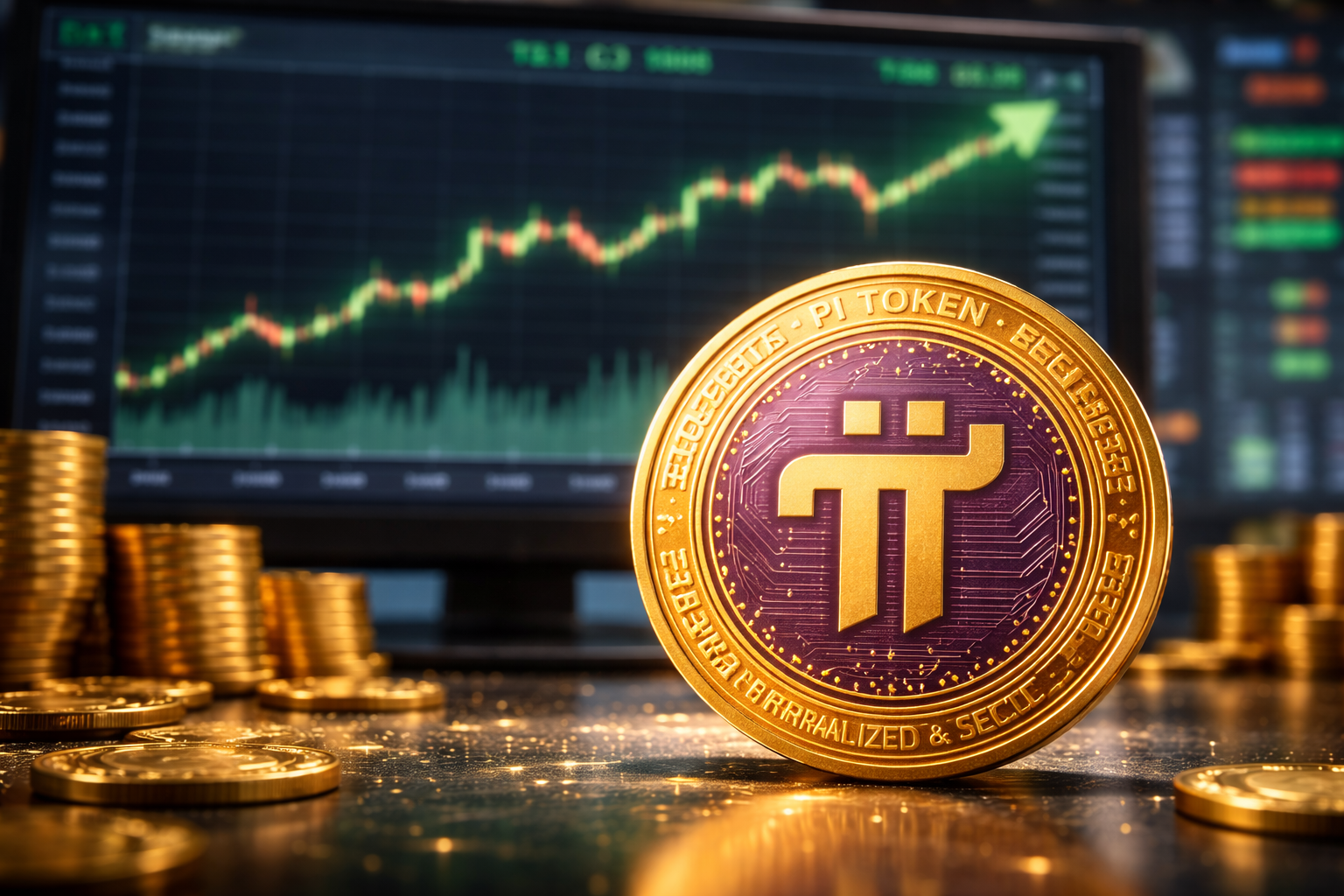 A bullish PI coin in front of a monitor