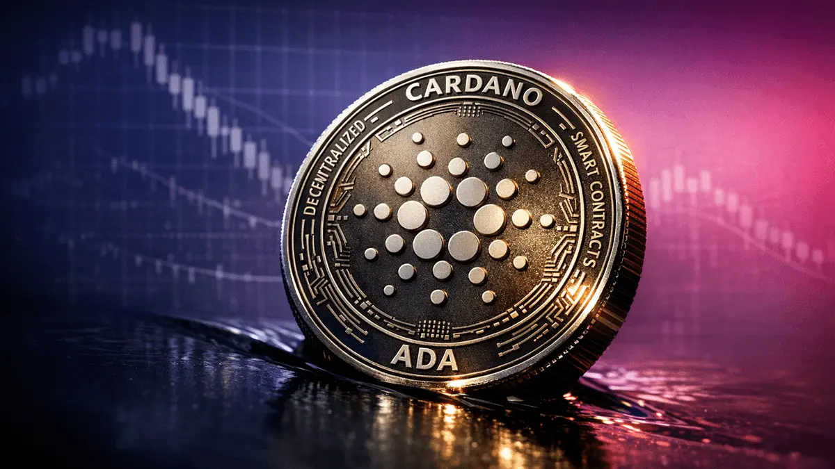 Cardano ADA cryptocurrency coin declining against purple-magenta gradient background with data grid